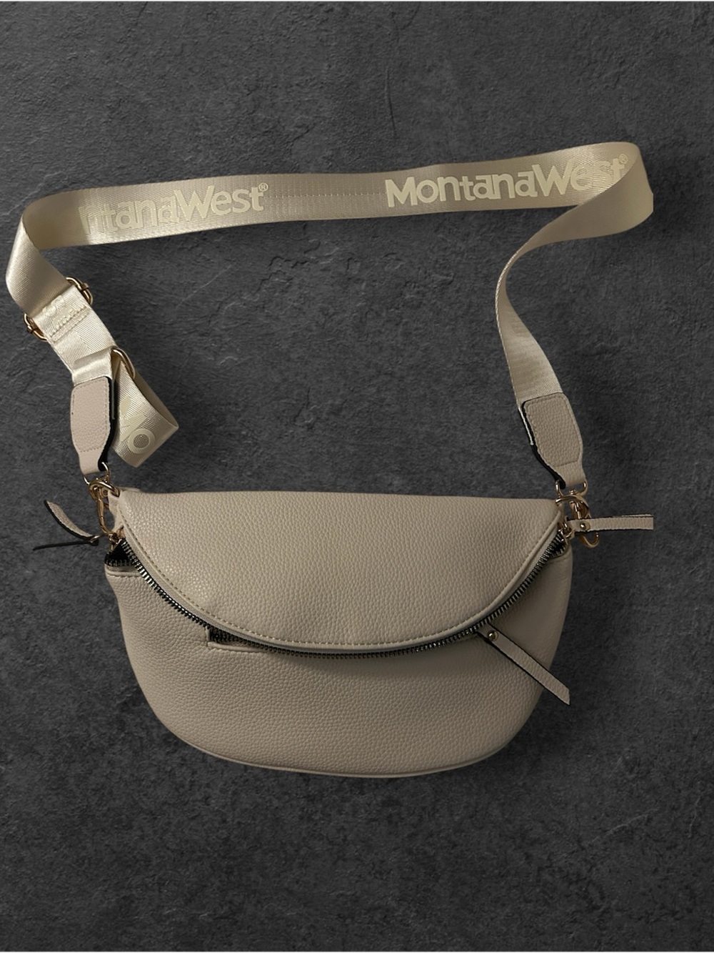 Montana West Beige Cream Crossbody Belt Bag with Logo Strap